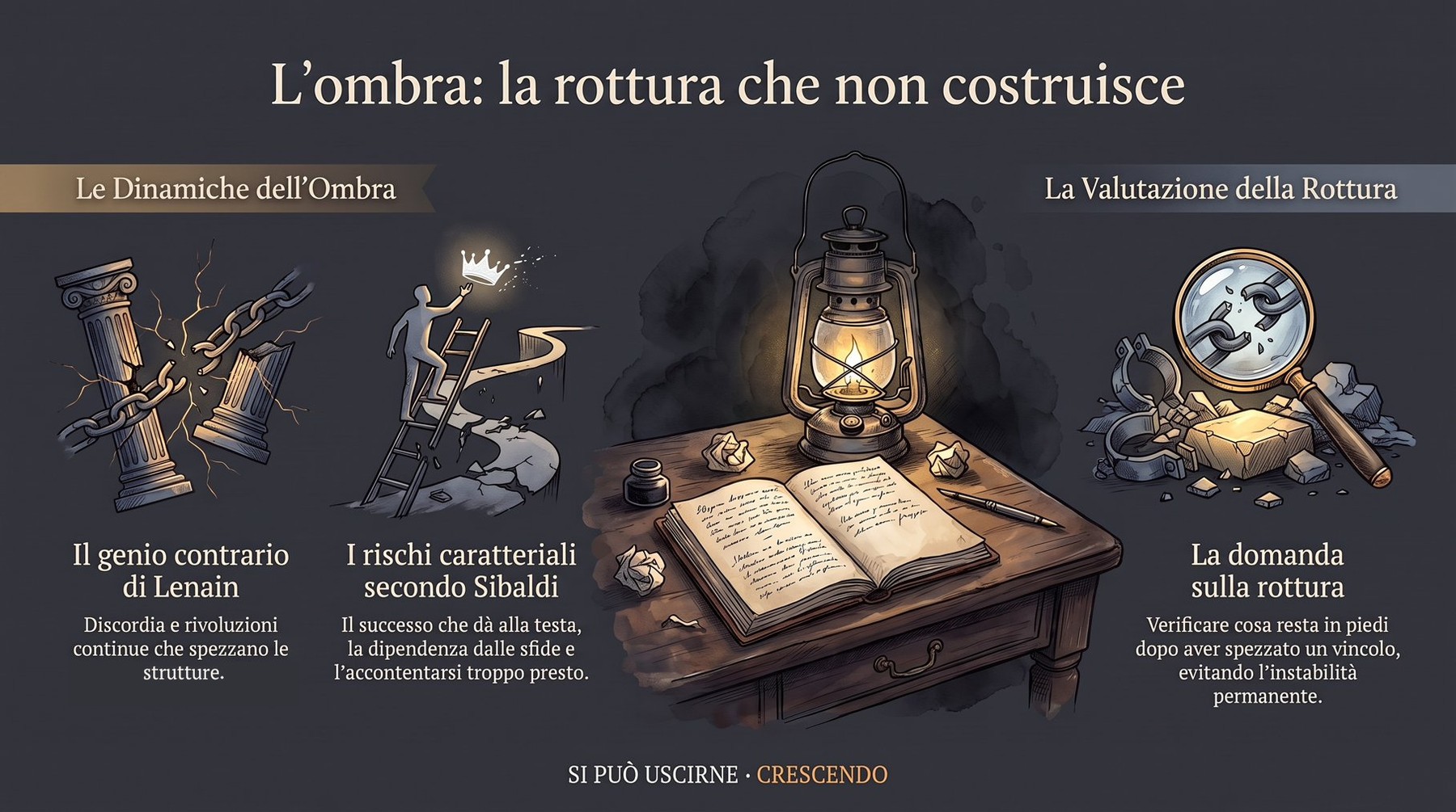 Infografica Parte IV — L'ombra: la rottura che non costruisce: colonne e catene spezzate, una scala verso una corona, una lanterna su un libro, una lente su macerie; che cosa resta in piedi?