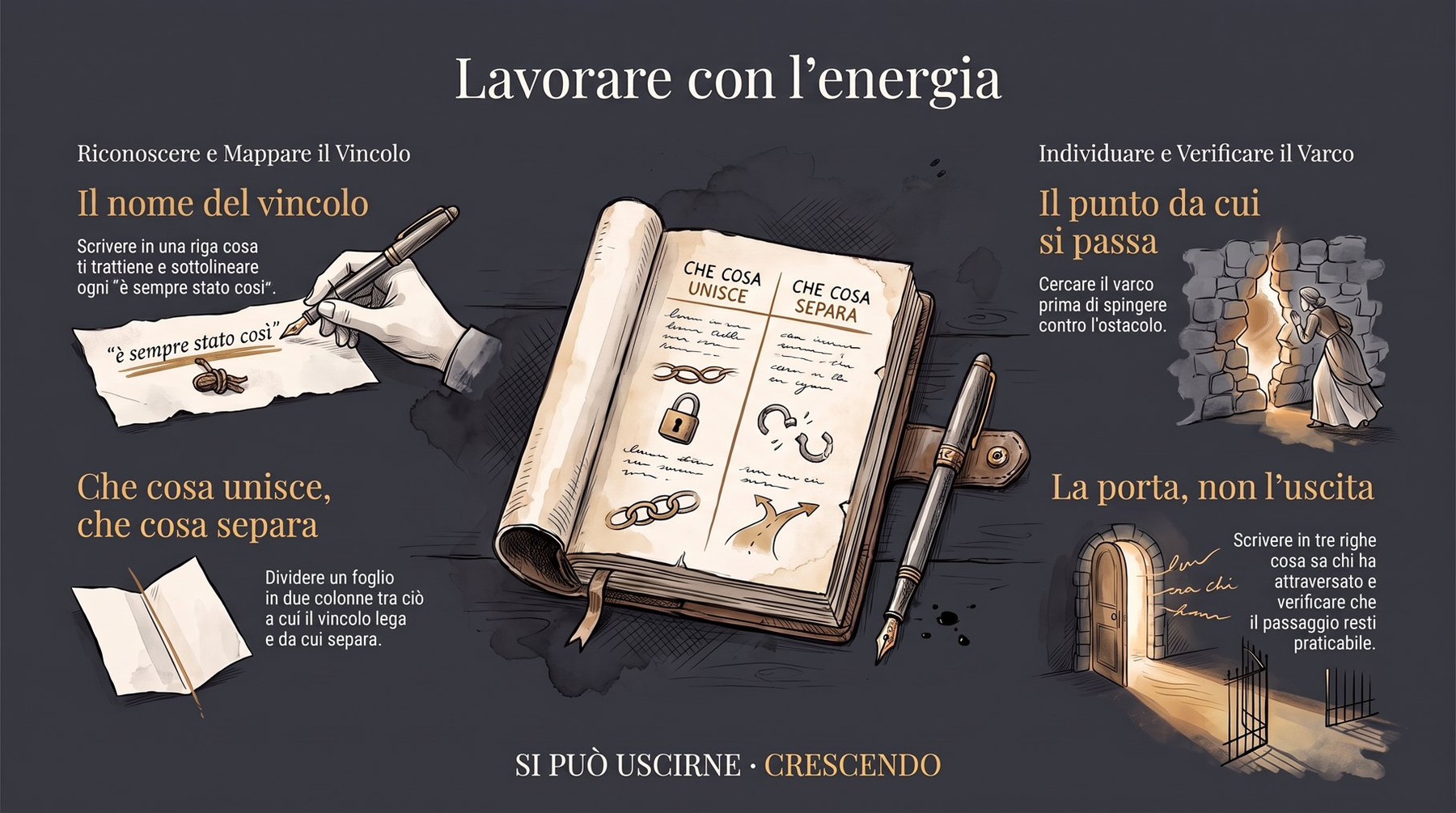 Infografica Esercizi — Lavorare con l'energia: un quaderno in due colonne, «che cosa unisce» e «che cosa separa»; i quattro esercizi: nome del vincolo, punto di passaggio, la porta e non l'uscita.